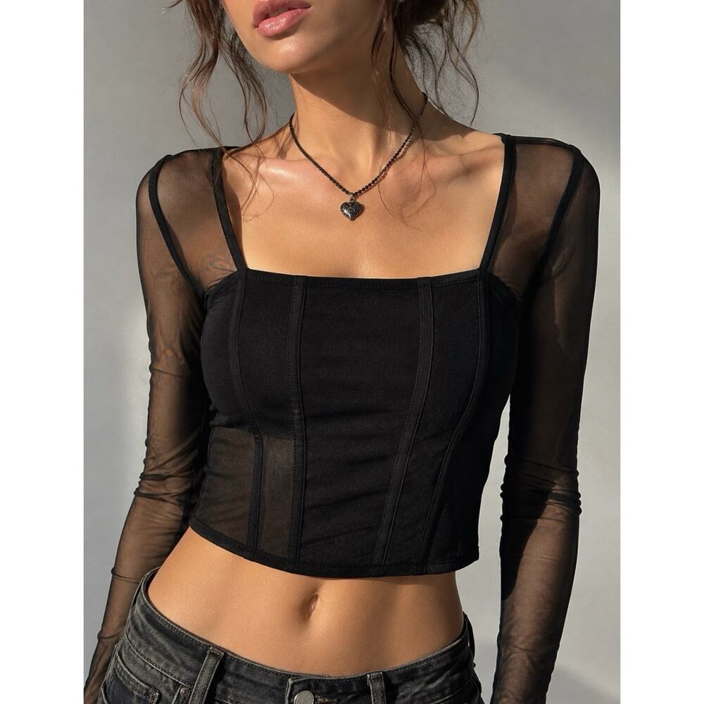 Jolie & Joy Sz M LS Mesh Corset seams cropped top Gothic Whimsygoth Versatile